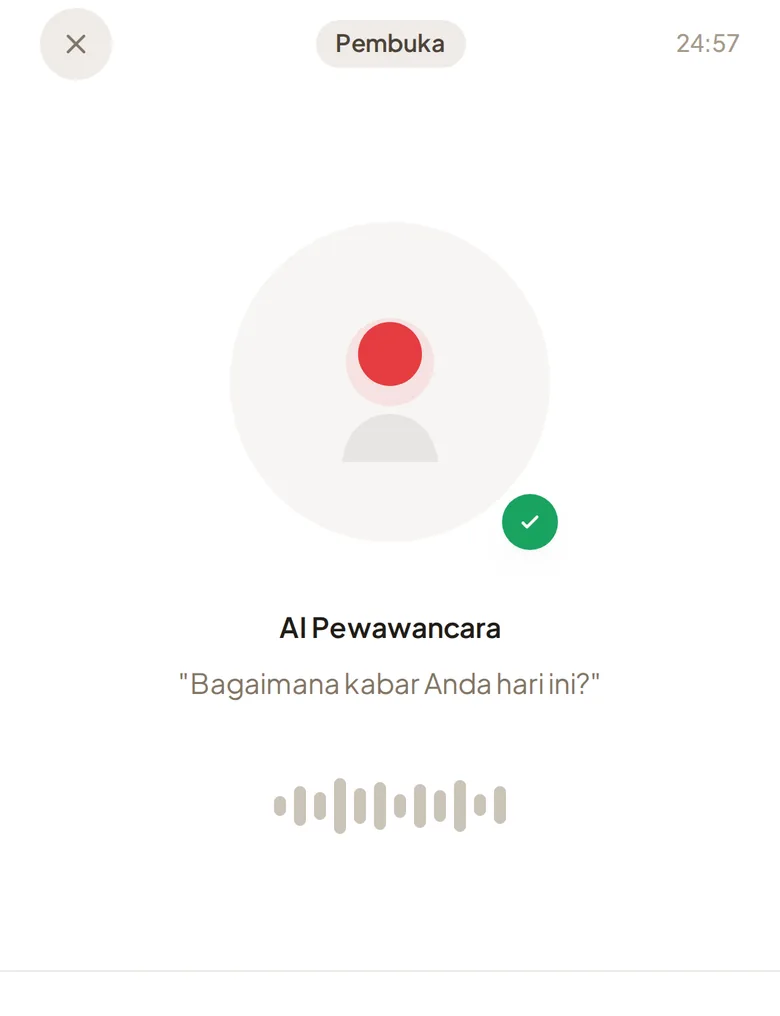 Tangkapan layar wawancara suara AI Vokarya di ponsel kandidat: AI Pewawancara bertanya "Bagaimana kabar Anda hari ini?" dengan indikator gelombang suara dan waktu sesi.