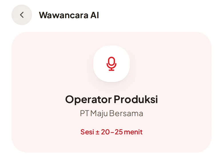 Tangkapan layar layar pembuka wawancara: nama posisi, nama perusahaan, dan perkiraan durasi sesi.